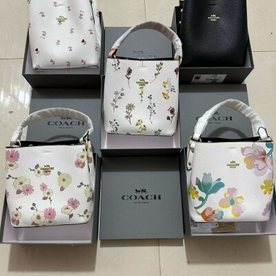 Coach Small White Leather Bucket Bag With Floral Print